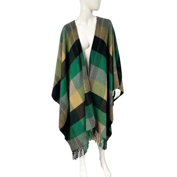 Zara Green Black Plaid Fringe Blanked Poncho Cape Womens Size M Medium - Picture 2 of 10